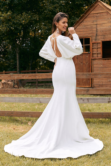 Vestido de novia sirena de manga larga marfil simple